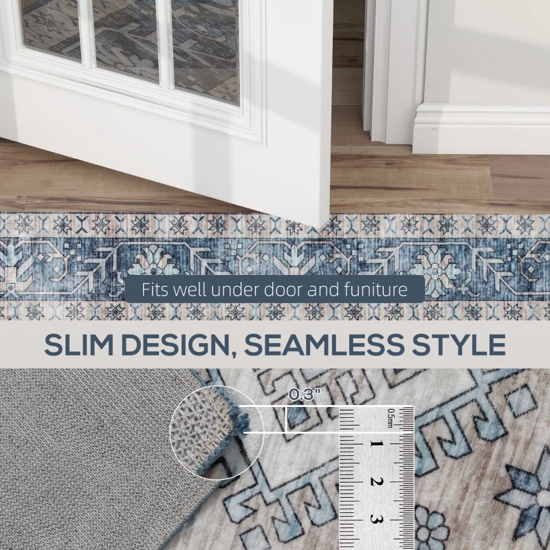 HOMCOM 8x10 Area Rug, Vintage Machine Washable Rug, Non-Slip Floor Carpet for Living Room, Bedroom, Dining Room, Blue
