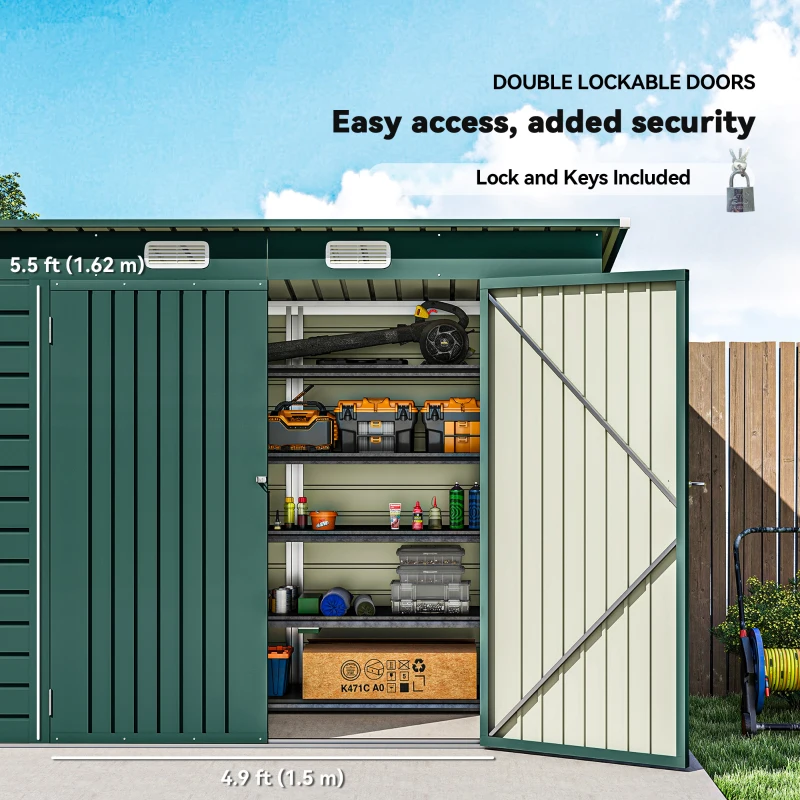 Outsunny 8 x 4FT Galvanized Garden Storage Shed, Metal Outdoor Shed with Double Doors and 2 Vents, Green