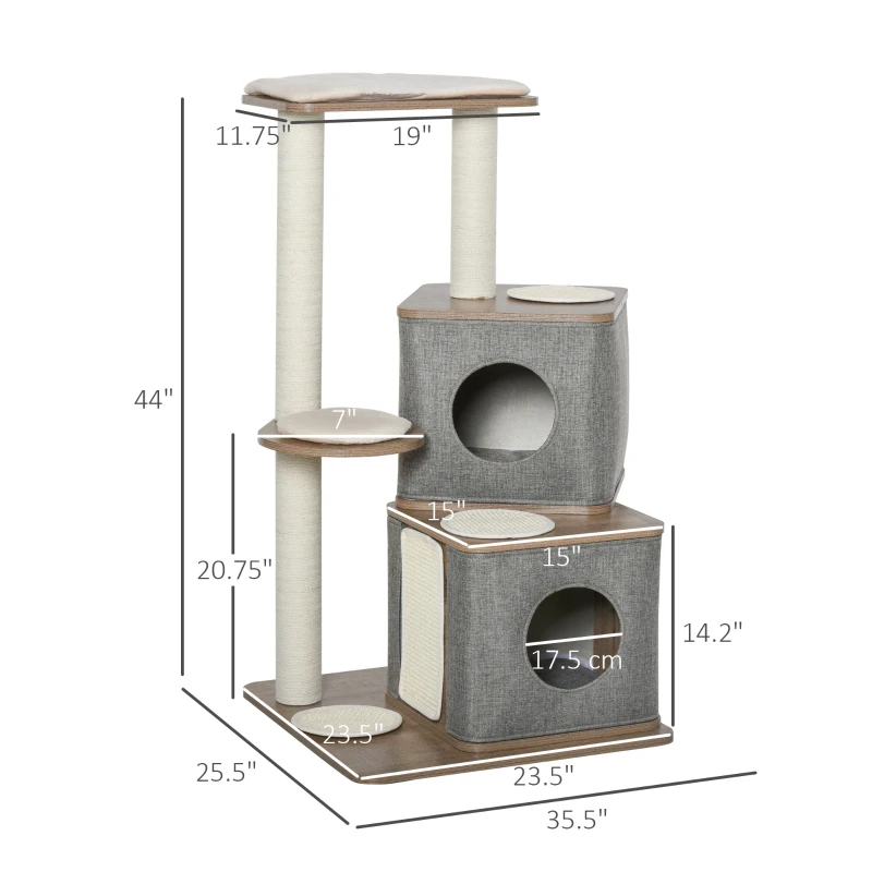 PawHut 44" H Feline Cat Tower Tree House with Sisal Scratching Posts, Soft Relaxing Cushions, & Many Perches/Condos