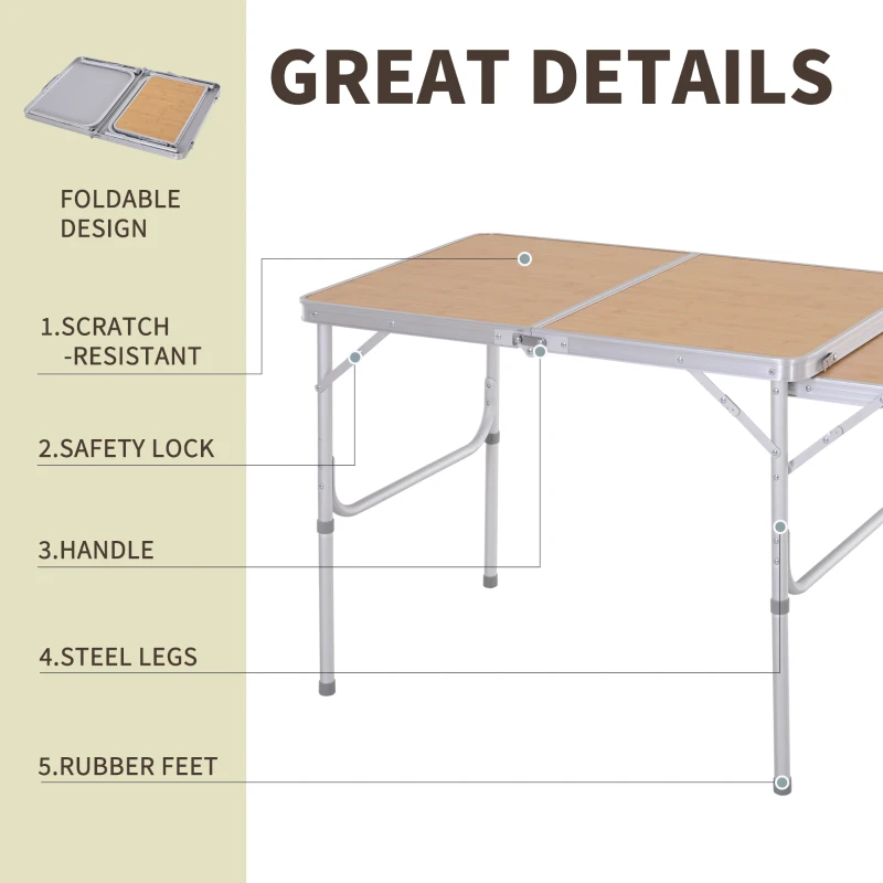Outsunny 3ft Picnic Table with Slide Shelf Outdoor Portable Aluminum Folding Table 2 Adjustable Height