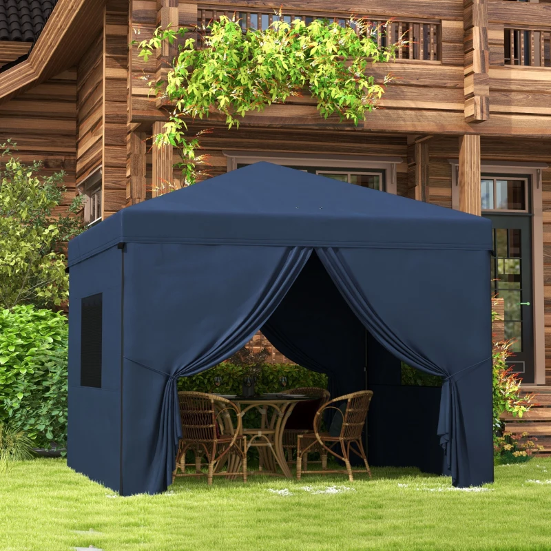 Outsunny 10' x 10' Pop Up Canopy Tent, Instant Sun Shelter, with Wheeled Bag and Mesh Windows, Height Adjustable, Dark Blue