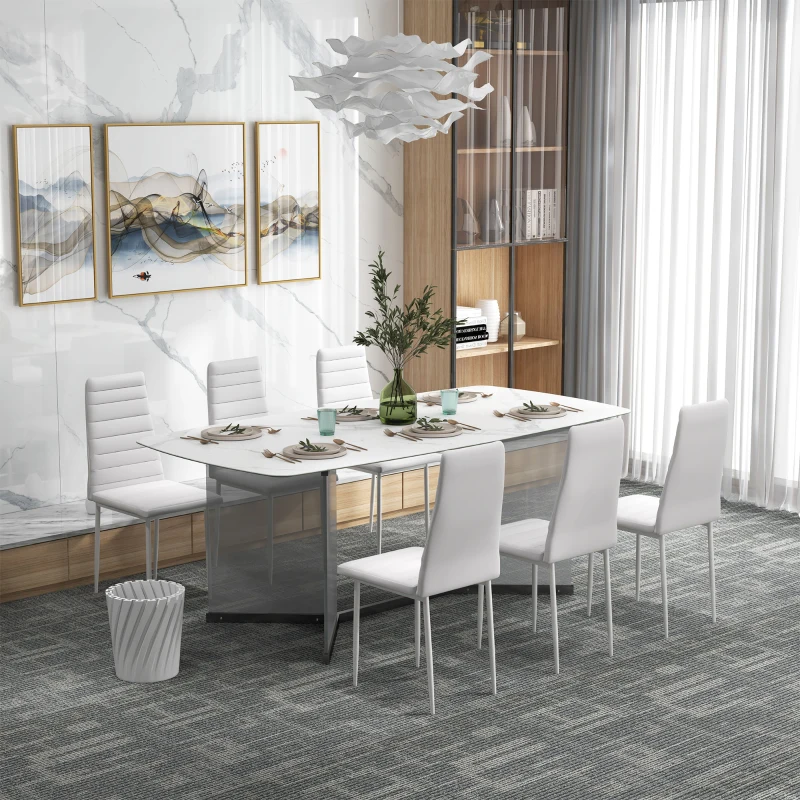 HOMCOM High Back Dining Chairs, Modern Upholstered PU Leather Accent Chairs with Metal Legs for Kitchen, Set of 6, White
