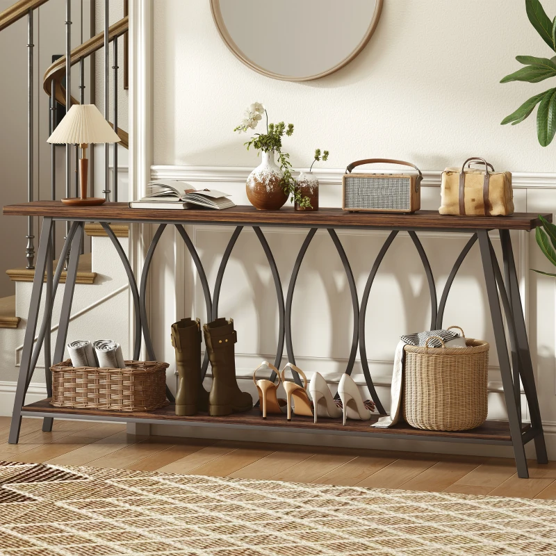HOMCOM 71" Console Table, Industrial 2-Tier Narrow Entryway Table with Metal Frame for Living Room, Hallway, Rustic Brown