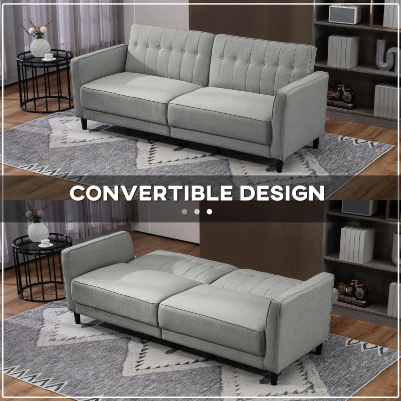 HOMCOM Convertible Bed with Couch, Button Tufted Fabric Sofa Bed with Adjustable Back for Living Room, Grey