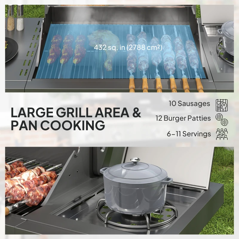 Outsunny 4+1 Burner Liquid Propane Gas Grill Outdoor Portable BBQ with Side Burner, Warming Rack, Side Shelf, Storage Cabinet, Thermometer, 4 Wheels, Tank Holder, Silver