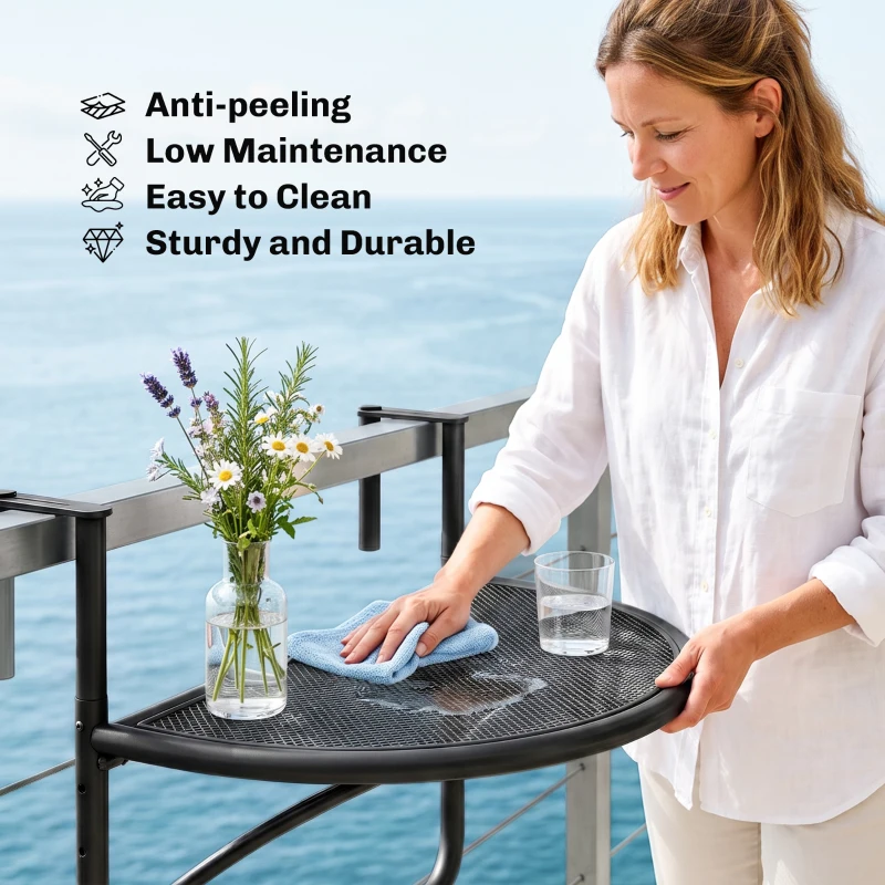 Outsunny Adjustable Balcony Hanging Rail Table Metal Mounting Mini Wall Desk Storage Rack Outdoor Flower Stand, Black