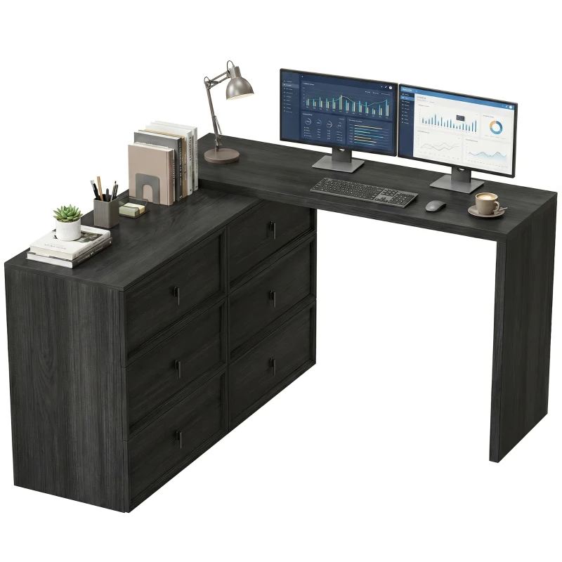 HOMCOM L Shaped Computer Desk Home Office Desk with 6 Drawers Black Wood Grain