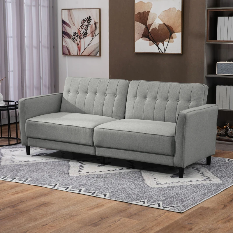 HOMCOM Convertible Bed with Couch, Button Tufted Fabric Sofa Bed with Adjustable Back for Living Room, Grey