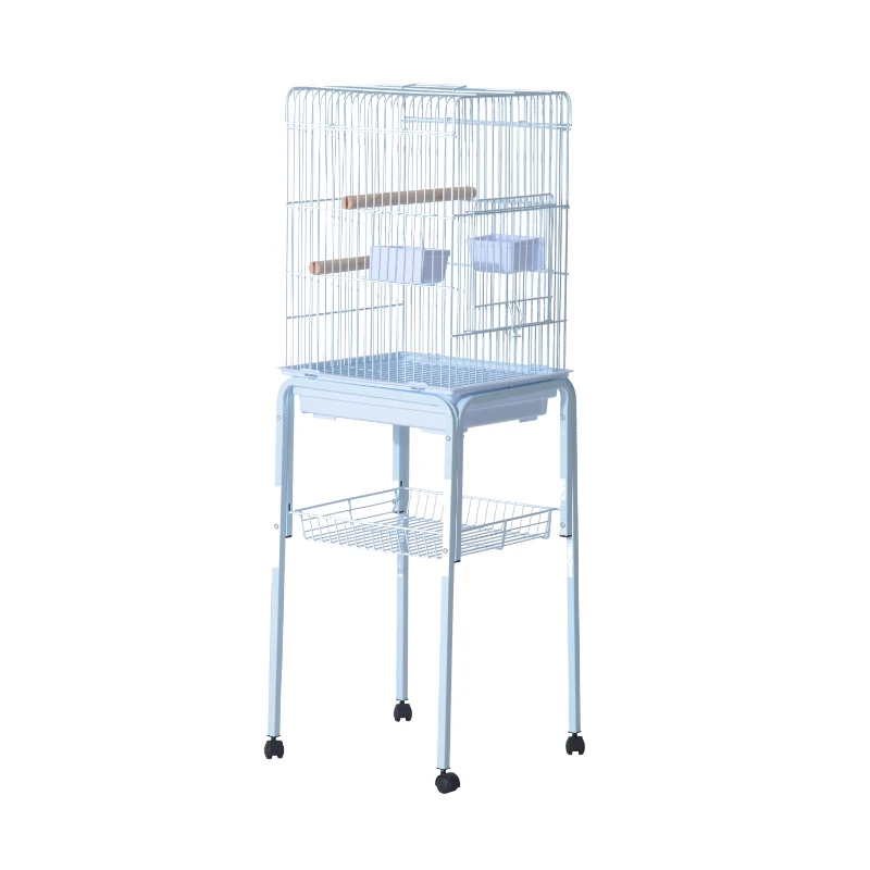 PawHut 44.5" Metal Indoor Bird Cage Starter Kit With Detachable Rolling Stand, Storage Basket, And Accessories - White