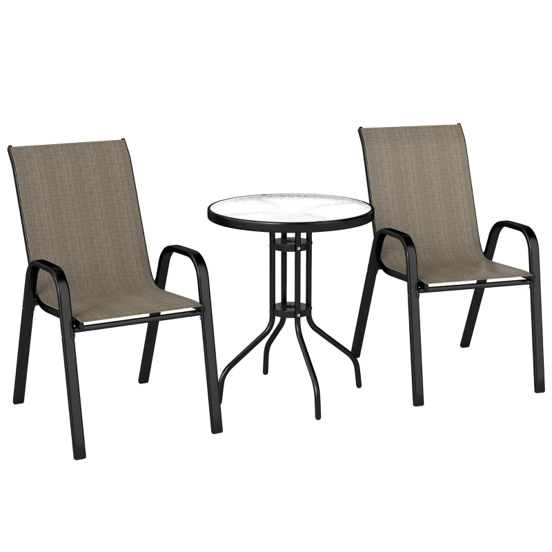 Outsunny 3 Pieces Bistro Set, Small Patio Furniture Set with Stackable Mesh Chairs, Glass Table for Garden, Light Mixed Brown