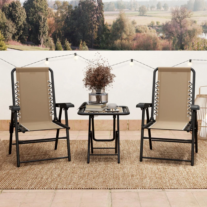 Outsunny 3 Pieces Patio Bistro Set, Outdoor Folding Table and Chairs Set, Metal Patio Furniture Set with Cup Holders, Khaki