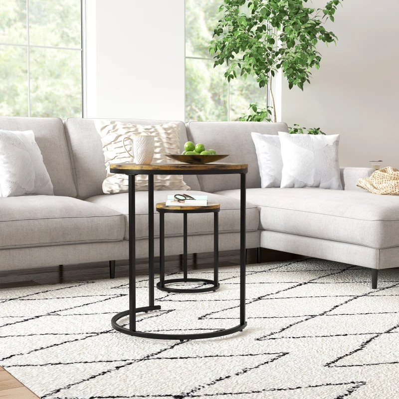 HOMCOM Nesting Coffee Tables Set of 3, Stacking Round Side Tables with Steel Frame for Living Room, Rustic Brown