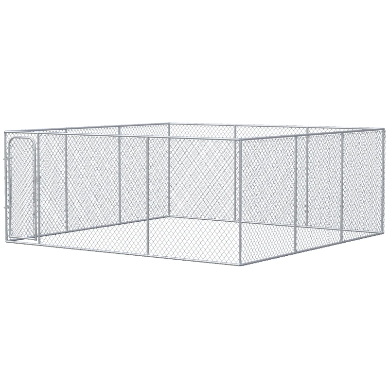 PawHut Dog Kennel Outdoor Galvanized Chain Link Fence Heavy Duty Pet Run House Chicken Coop with Secure Lock Mesh Sidewalls for Backyard Garden Silver, 15' L x 15' W x 5.9' H