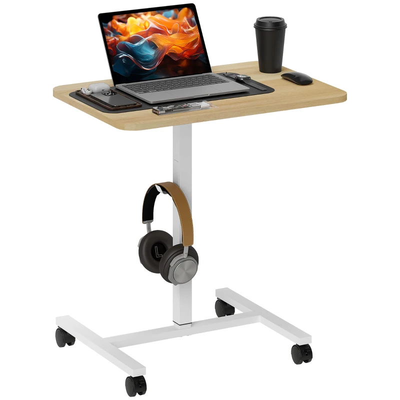 HOMCOM Height Adjustable Standing Desk, Pneumatic Sit Stand Desk with Wheels and Headphone Hook, Natural Wood Grain