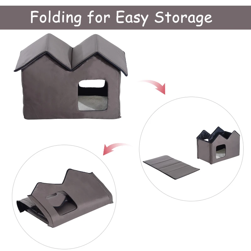 PawHut Double Heated Cat House Portable Indoor/Outdoor Kitty Shelter for Ferral Cat in Winter, Brown