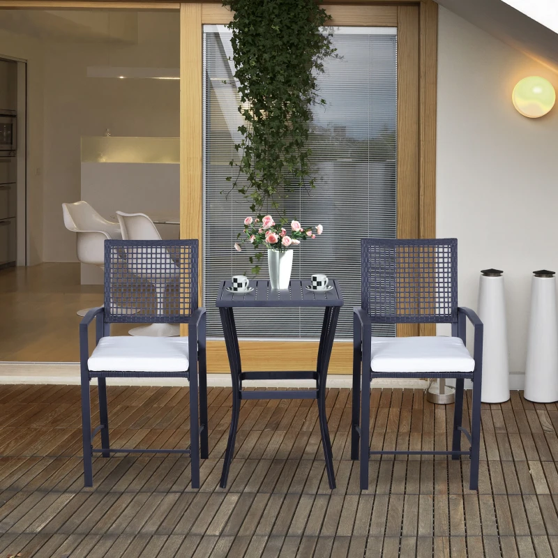 Outsunny 3 Pieces Outdoor Wicker Bar Set, Classic Bistro Bar Set Garden Rattan Style Patio Bar Table & High Chairs w/ Cushions Home Bar Furniture, Cream White