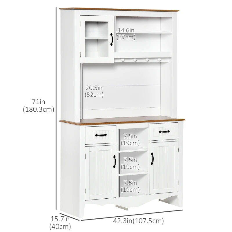 HOMCOM 71" Kitchen Buffet with Hutch, Farmhouse Style Storage Cupboard with Utility Drawer, 3 Door Cabinets and 5-tier Shelves, White