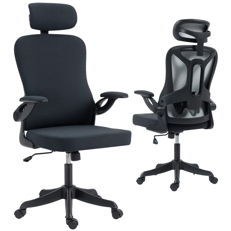 HOMCOM Ergonomic Office Chair, Swivel Desk Chair with Adjustable Lumbar Support, Headrest and Height, Flip-up Armrests, Black