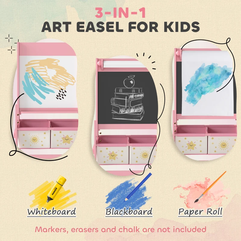 Qaba Art Easel for Kids, Double-Sided Whiteboard & Chalkboard with Paper Roll, 2 Storage Boxes, Gift for Boys, Girls, Pink