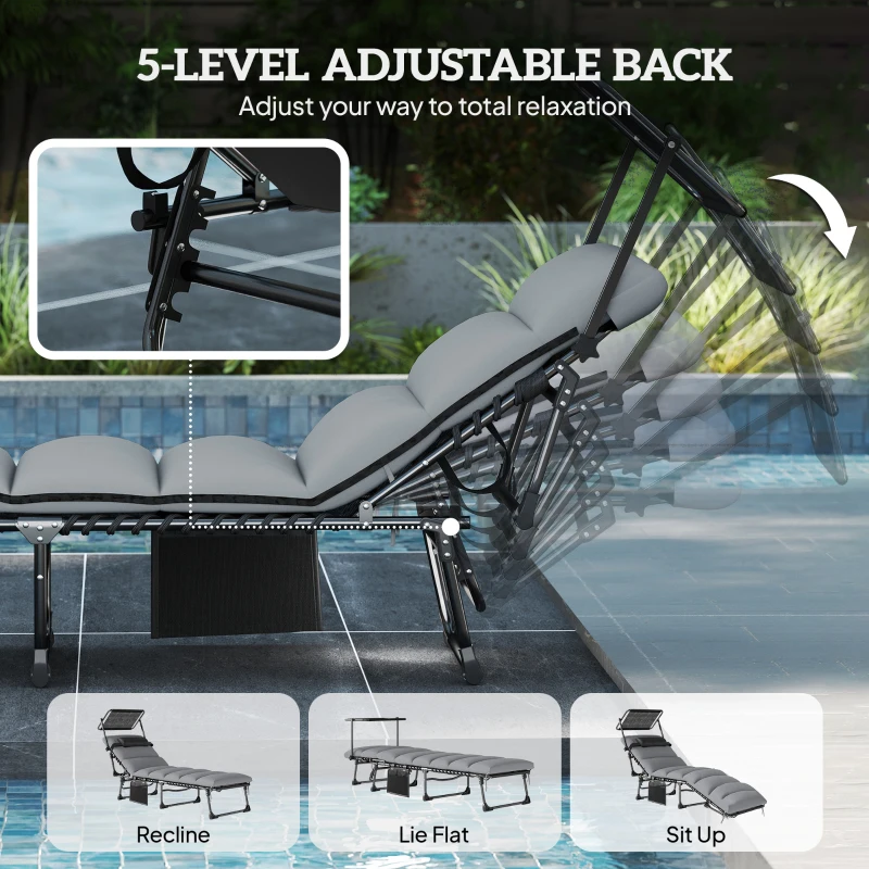 Outsunny Outdoor Chaise Lounge Chairs, 2 PCS Folding Lounge Chairs with Adjustable 5-Position, Cushion, Canopy, Side Pocket