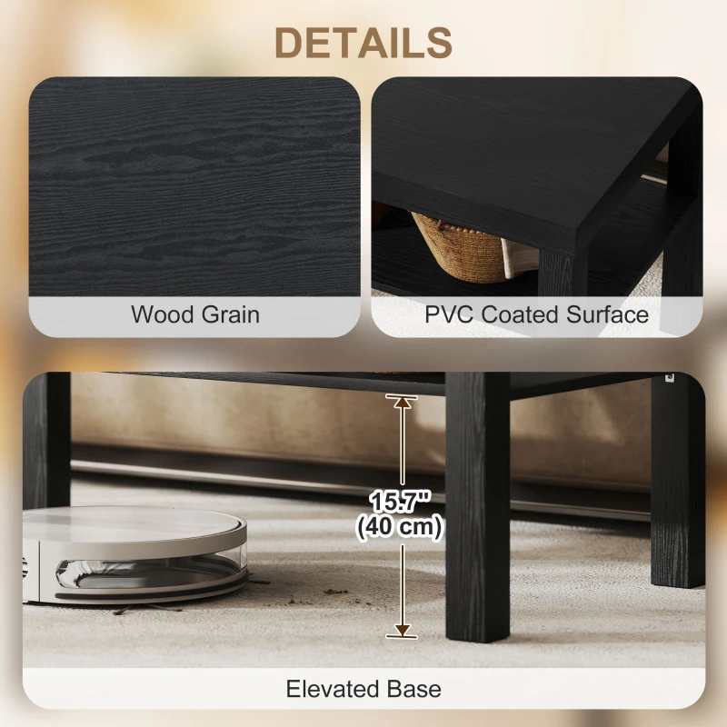 HOMCOM 2 Tier Coffee Table, Rectangular Center Table with Storage Shelf for Living Room, Home Office, Black