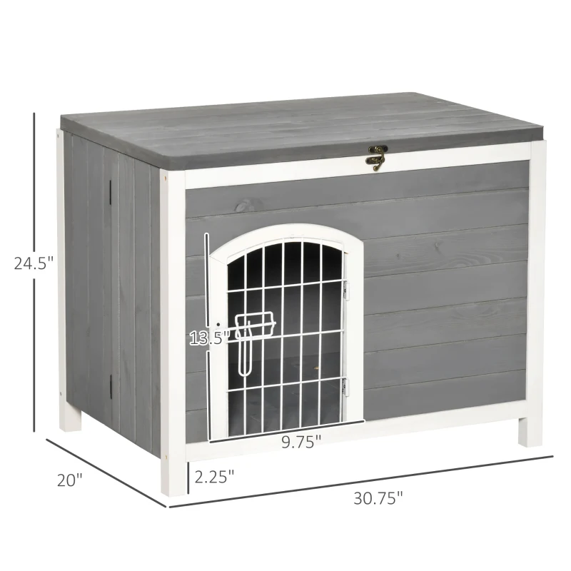 PawHut Foldable Wooden Dog House Raised Puppy Cage Kennel Cat Shelter for Indoor & Outdoor w/ Lockable Door Openable Roof Removable Bottom for Small and Medium Pets Grey