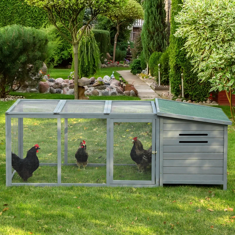 PawHut 88" Large Wooden Chicken Coop Outdoor Hen House Poultry Cage Pen Backyard with Run, Nesting Box, Waterproof Roof and Removable Tray, Gray
