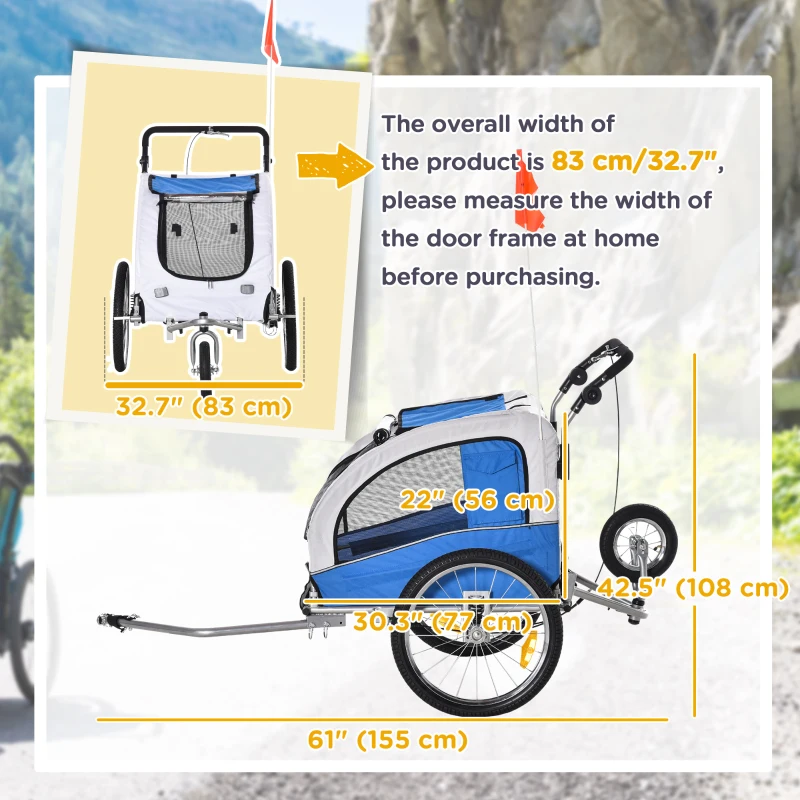 Aosom Dog Bike Trailer, 2 in 1 Pet Stroller Cart Bicycle Carrier, Folding Cart Frame with Suspension, Universal Bicycle Coupler, Reflectors, Flag, Blue