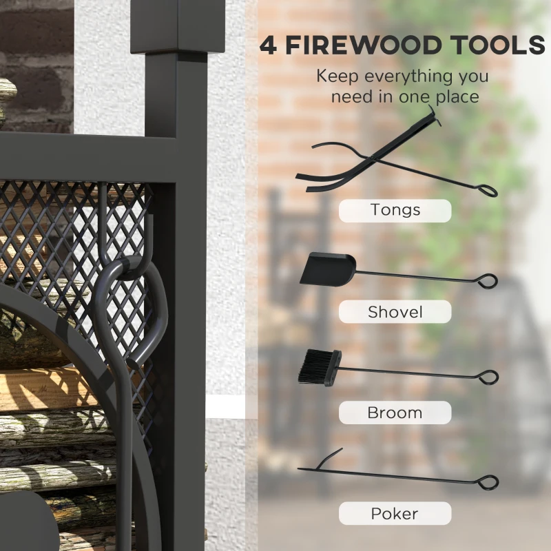 Outsunny 2-Tier Firewood Rack with Shovel, Broom, Poker, Tongs, Side Hooks, Log Holder for Fireplace, Outdoor Indoor Wood Storage Stacker, 21.7" x 12.6" x 30.3", Black
