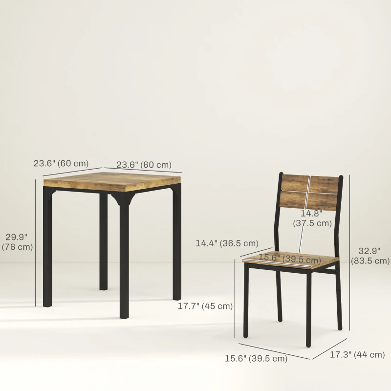 HOMCOM Dining Table Set for 2, 3 Piece Kitchen Table and Chairs with Metal Legs for Small Spaces, Rustic Brown