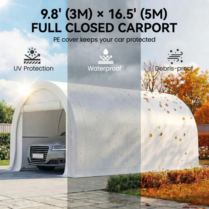 Outsunny 10' x 16' Heavy Duty Portable Carport Tent with Zippered Door, PE Cover for Car, Boat, Motorcycle, Bike, White