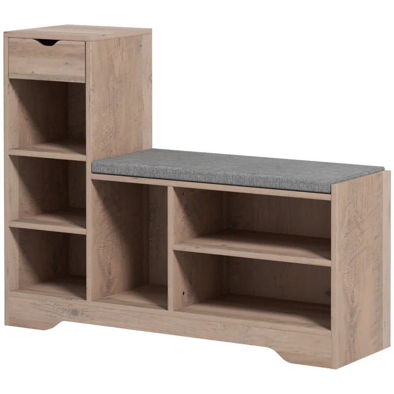 HOMCOM Upholstered Shoe Storage Bench w/ Seat, Entrance Bench w/ Drawer and 6 Open Shelves for Hallway, Grey