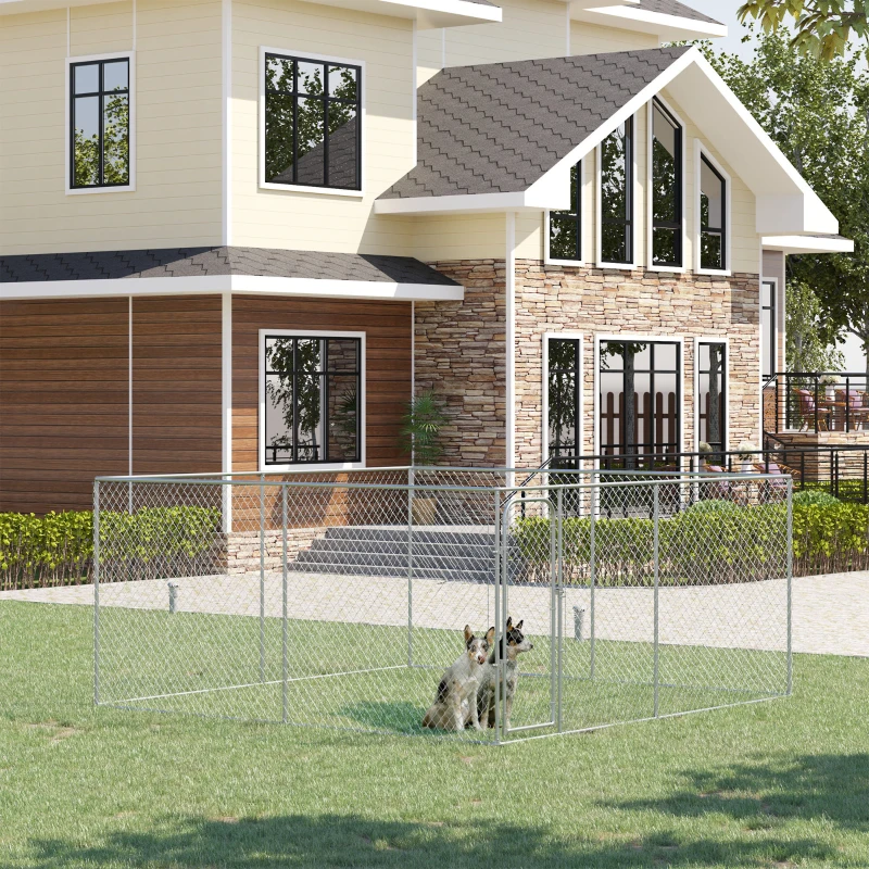 PawHut Dog Kennel Outdoor Galvanized Chain Link Fence Heavy Duty Pet Run House Chicken Coop with Secure Lock Mesh Sidewalls for Backyard Garden Silver, 13' L x 13' W x 5.9' H
