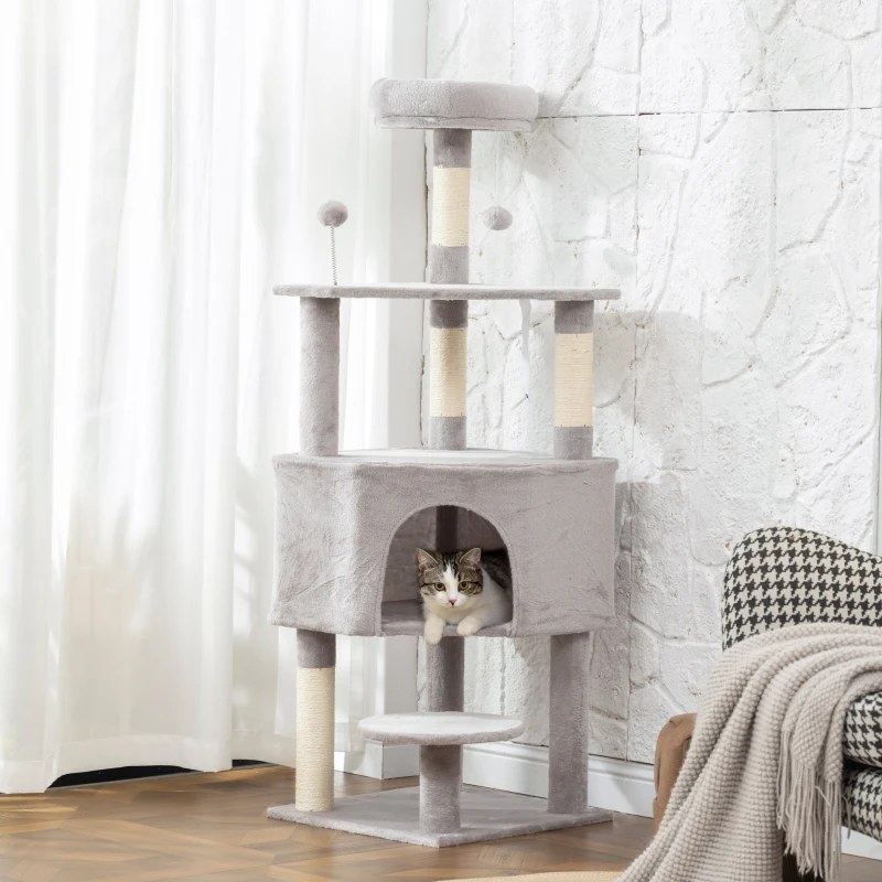 PawHut 54 Inch Cat Tree with Large Condo, Top Perch, Sisal Scratching Posts, Dangling Toy Ball,Light Grey