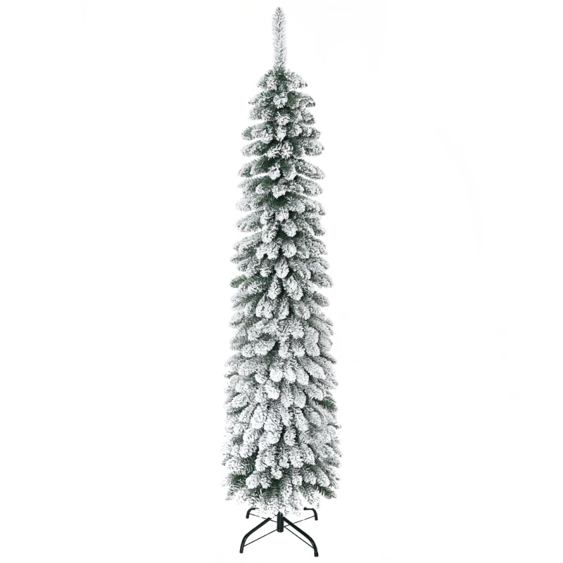 HOMCOM 6 Ft Snow-Flocked Artificial Christmas Tree, Slim Pencil Xmas Tree with Realistic Branches, Metal Base, Green