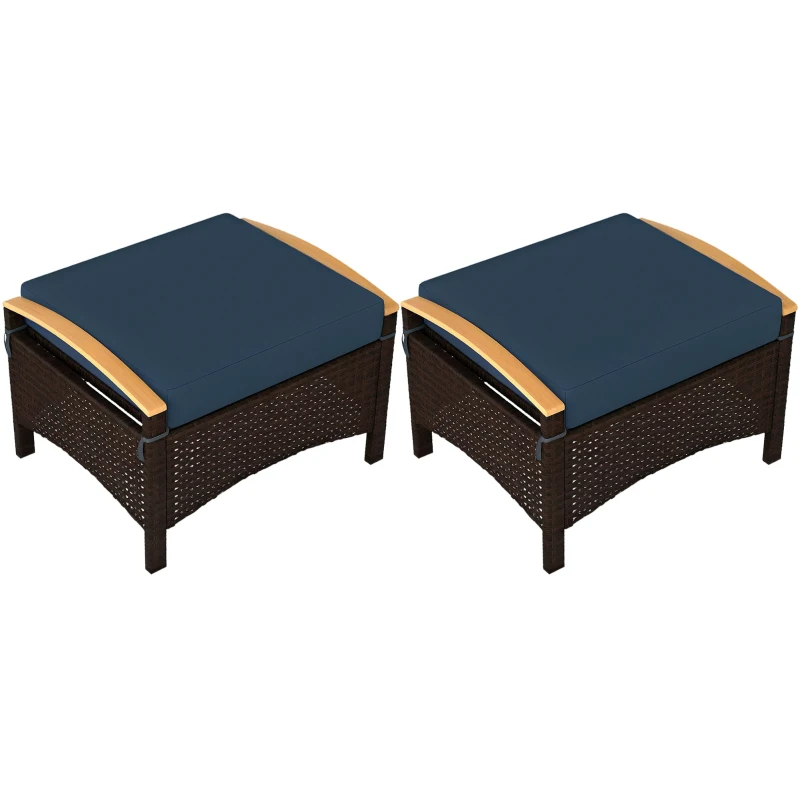 Outsunny 2 Pieces Wicker Outdoor Ottoman with Removable Cushion, Rattan Outdoor Footstool, Footrest and Side Table, Blue