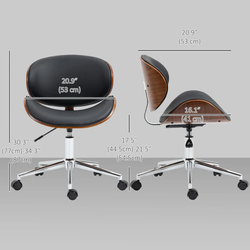 VinsettoOffice Chair, Faux Leather and Bentwood Computer Desk Chair with 360 Degree Swivel Wheels, Adjustable Height and Curved Seat, Black