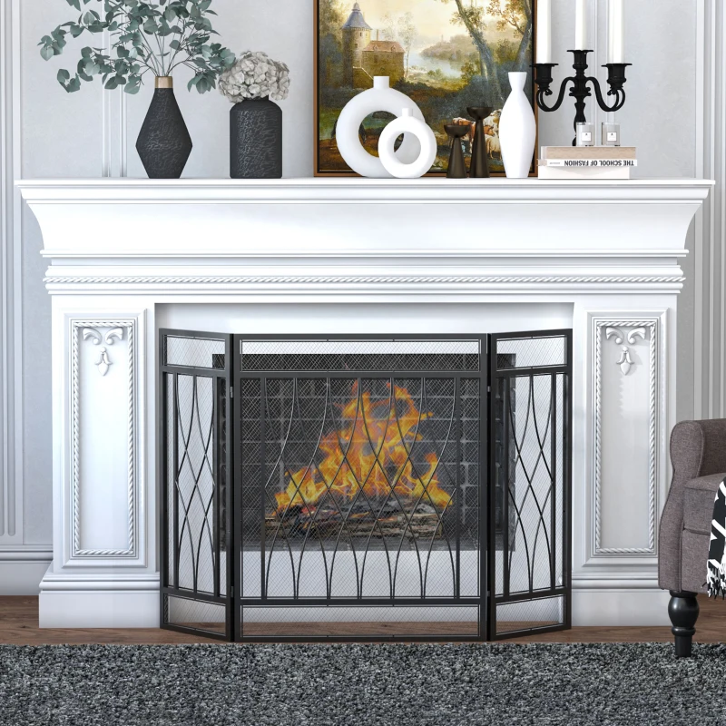 HOMCOM 3-Panel Metal Mesh Fireplace Screen, Decorative Fire Spark Guard Cover, 49.5" x 31.5"for Living Room Home Decor, Black