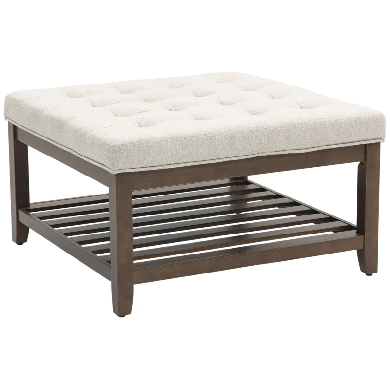 HOMCOM Ottoman Coffee Table, 32 Inch Square Footrest Ottoman with Storage, Linen Upholstered Tufted Footstool, Beige