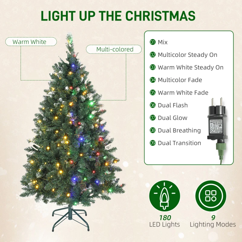 HOMCOM 5 ft Frosted Prelit Christmas Tree, Full Spruce Xmas Tree with Dual Colour LED Light, Hinged Xmas Tree, Easy Assembly