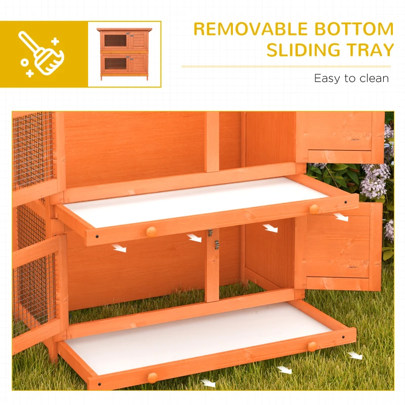 PawHut 2-Tier Wooden Rabbit Hutch Small Animal House Bunny Pet Cage with 2 Main Rooms, Sliding Tray, Opening Top, Yellow