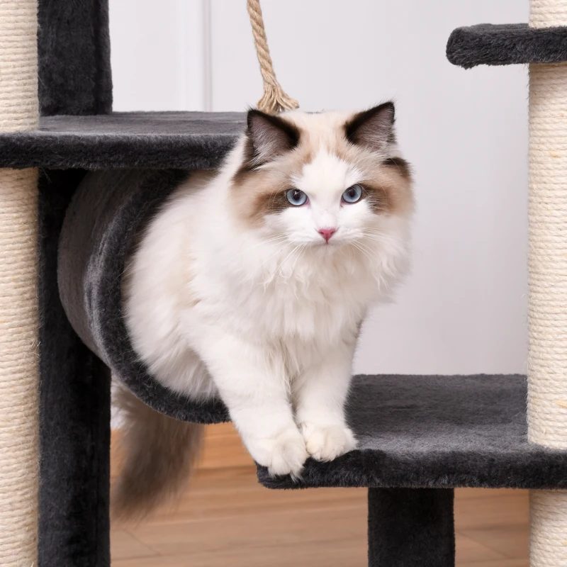 PawHut 67.75" Cat tree Tower Climbing Kitten Activity Center Furniture with Jute Scratching Post Pad Condo Perch Hanging Balls Tunnel Teasing Rope Dark Grey