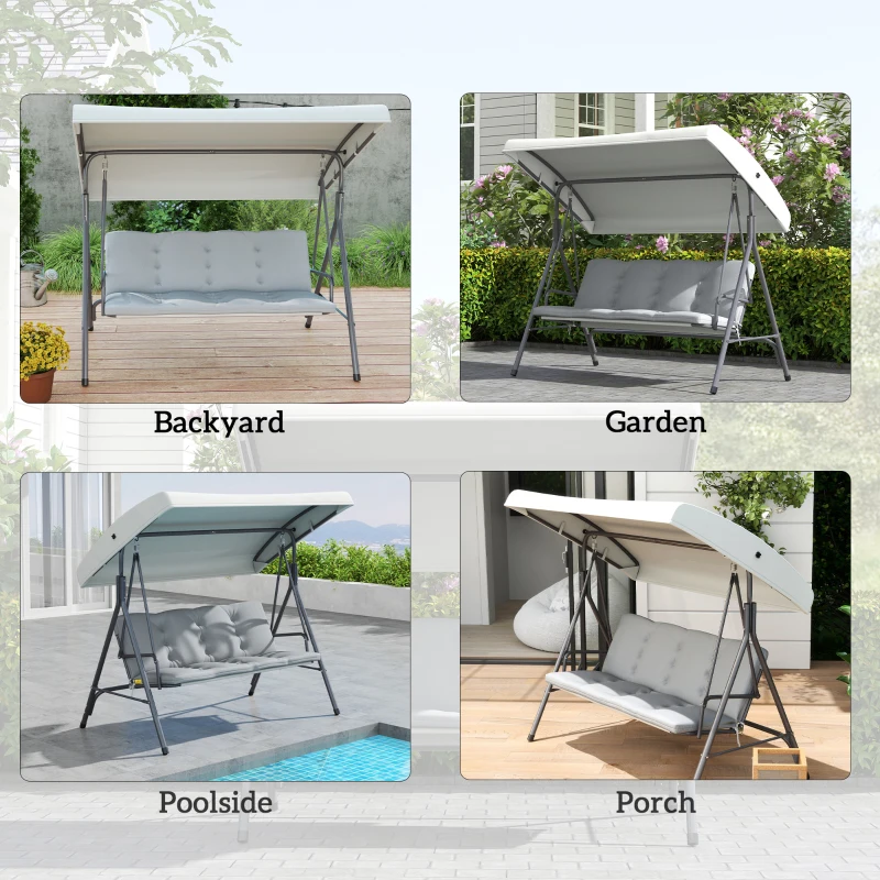 Outsunny 3-Seat Patio Swing Chair, Outdoor Porch Swing Glider with Adjustable Canopy, Light Grey