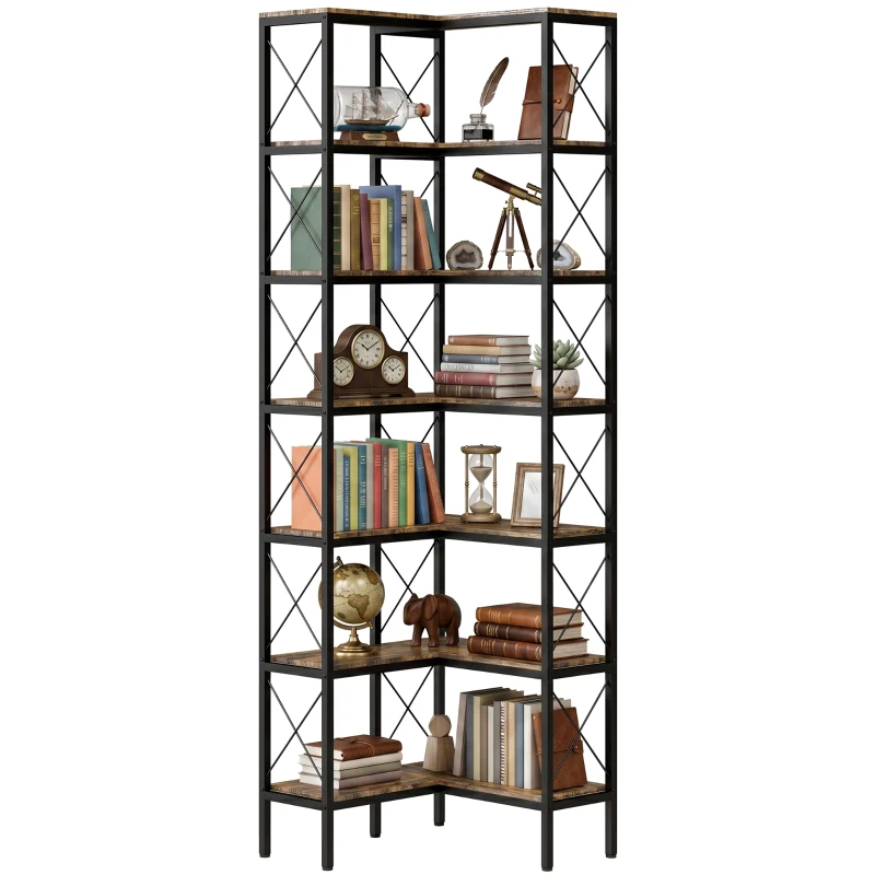 HOMCOM 6-Tier L-Shaped Bookshelf, Freestanding Corner Bookcase with Metal Frame, Rustic Brown