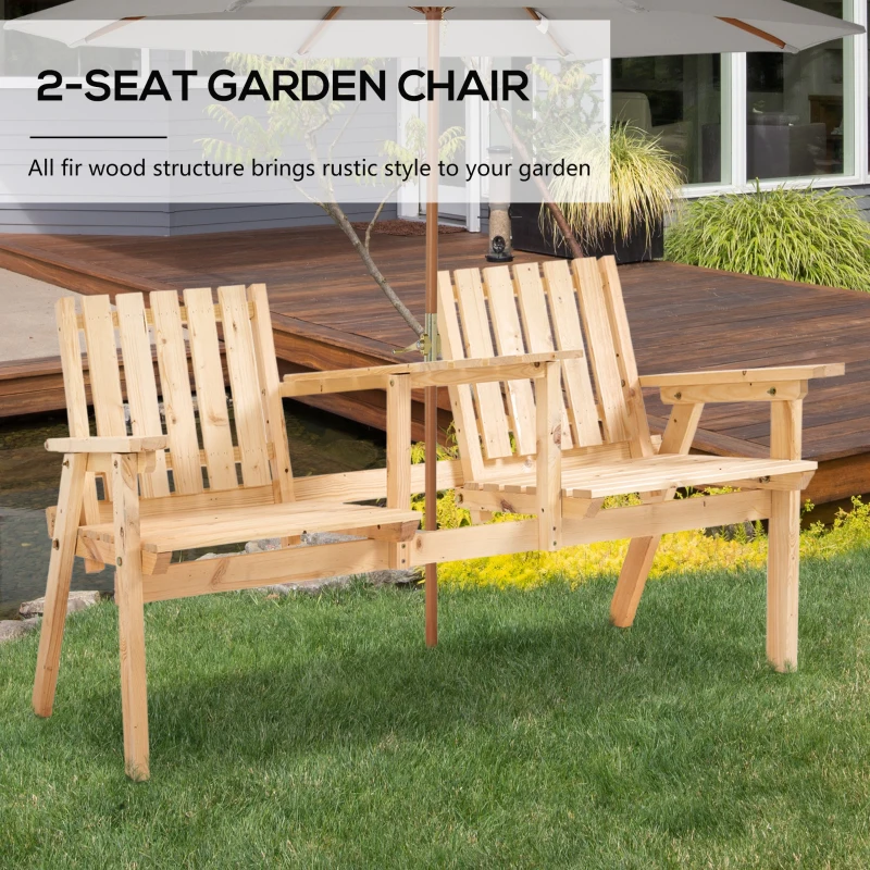 Outsunny Garden Bench for 2 Persons with Middle Table and Umbrella Hole, 2-Seater Outdoor Wooden Bench with Slat Design, Natural