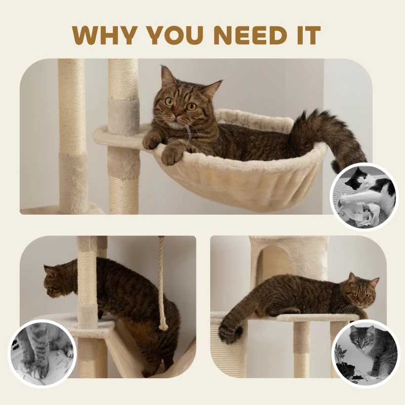 PawHut 81" Large Cat Tree w/ Scratching Posts, Condos, Beds, Hammocks, Jumping Platforms, Toy Balls, Rope Cat Toy, Beige