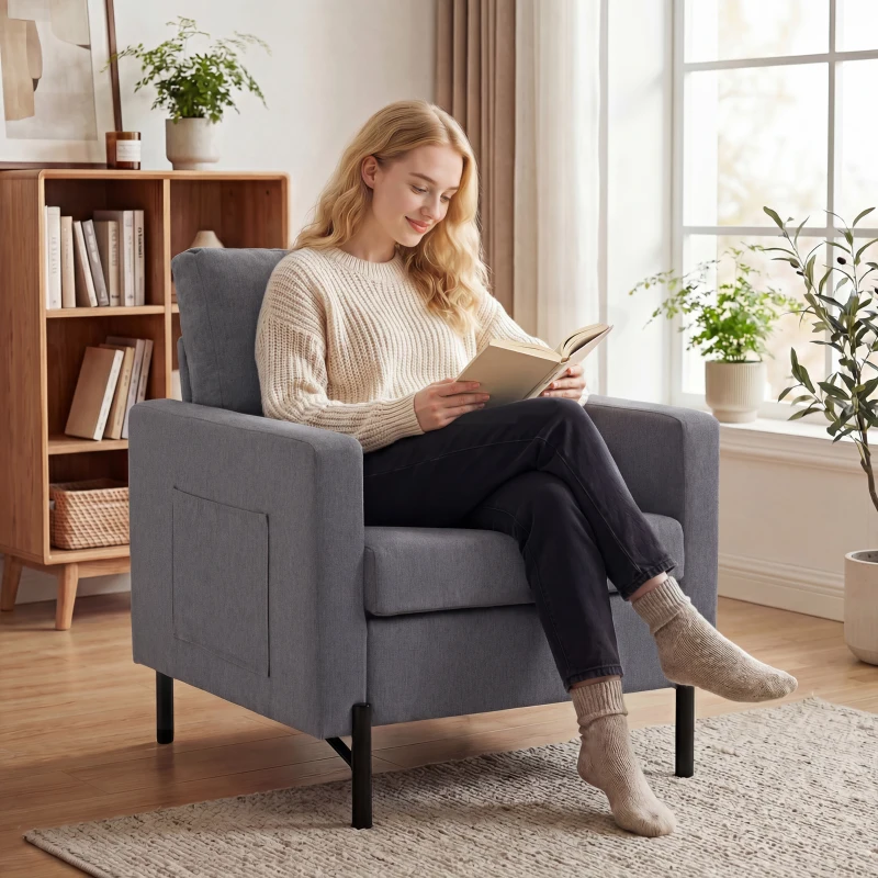 HOMCOM Accent Chair Modern Upholstered Armchair with Side Pockets and Cushion for Bedroom, Living Room, Dark Grey