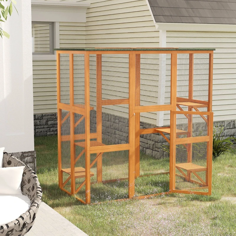 PawHut Outdoor Cat House Big Catio Wooden Feral Cat Shelter Enclosure with Large Spacious Interior, 6 High Ledges, Weather Protection Asphalt Roof, 71" L, Orange