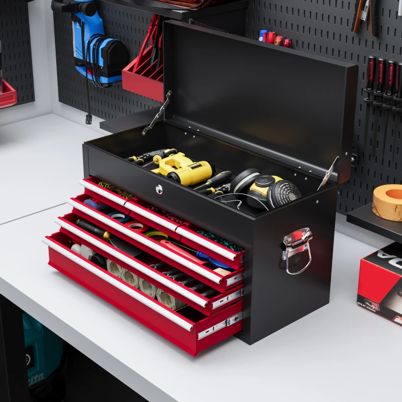 HOMCOM 6 Drawer 24" Portable Tool Box with Top Case, Ball Bearing Slides, Metal Tool Chest for Garage, Household and Warehouse
