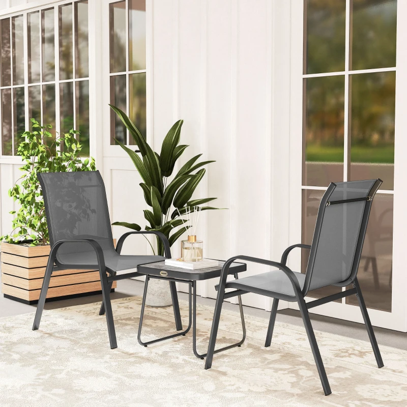 Outsunny Outdoor Bistro Set of 3, 3-Piece Patio Set with Breathable Mesh Fabric, Stackable Chairs and Square Table, Light Grey